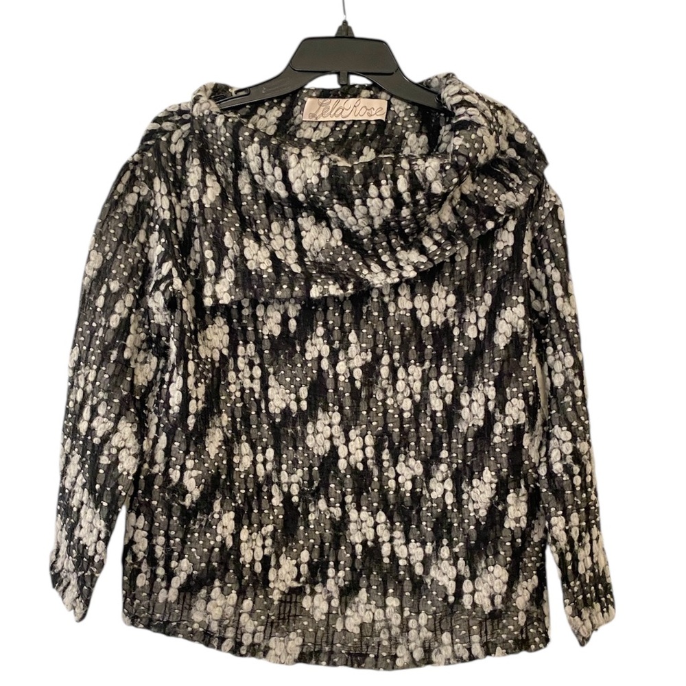 Lela Rose Cowl Neck Chunky Knit Textured Mesh Grey Black White Wool Silk S